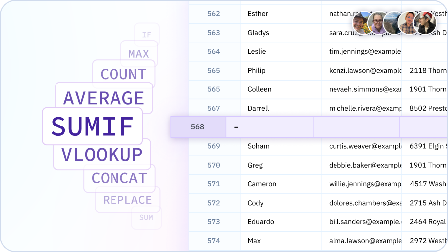 Sourcetable has all the formulas you expect from Excel and and Google Sheets. There’s no need to learn how to code or write SQL. Everyone on your team can share data and insights, with ease.