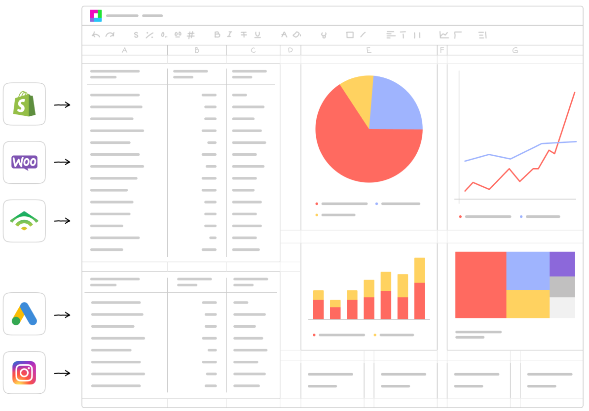 A screenshot of a Sourcetable dashboard with Salesforce and Stripe data